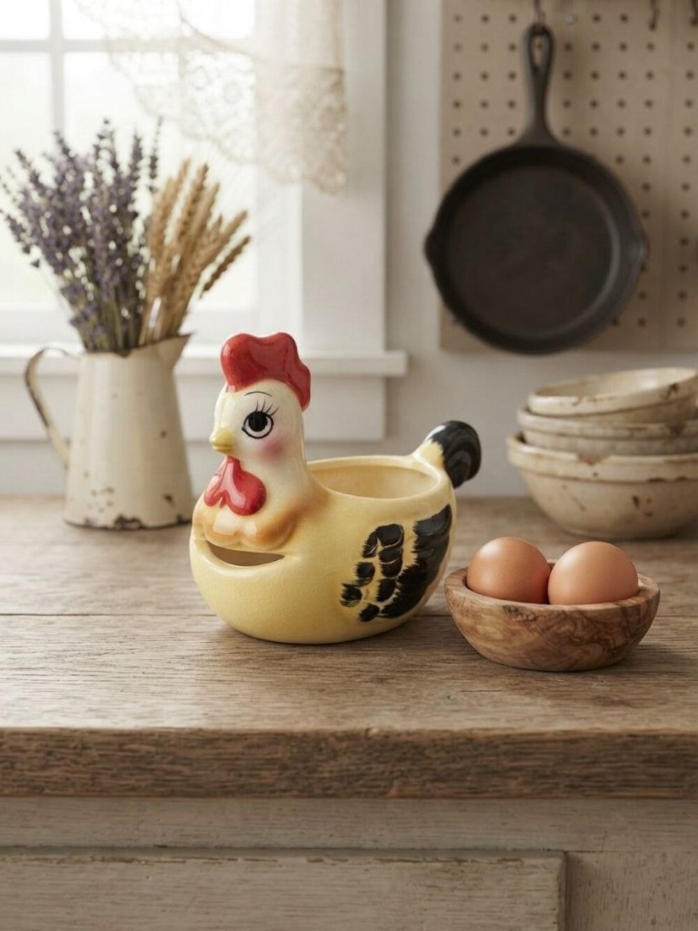 Vintage Chicken Ceramic Egg Separator Rooster Novelty Kitchen Tool Kitsch Japan